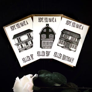 Cartões de aniversário, pacote de cartões de casas de terror, cartão HBD, cartão de felicitações personalizado, arte de casa assombrada, impressão de arquitetura, cartões de aniversário alternativos