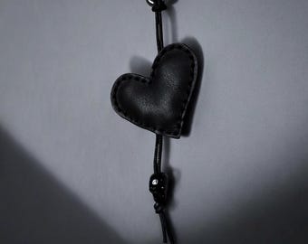 Black Leather Heart & Skull Accessory, Handstitched Leather, Bag Charm, Bag Accessory, Gothic Accessories, Handmade, Unisex Gifts