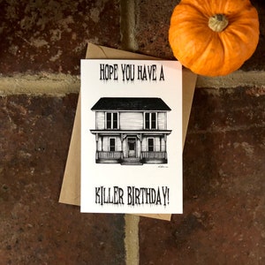 Cartão de aniversário, casa Myers, cartão HBD, cartão de felicitações personalizado, arte de casa assombrada, impressão de arquitetura, cartão de aniversário alternativo