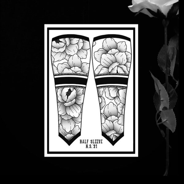 Peony Flower Half Sleeve, Tattoo Print, Flower Tattoo Print, Old-school Tattoo Print, Mini Tattoo Print, Traditional Tattoo Print,A5/4 Print