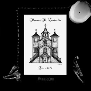 Paxton St Centralia, Real Silent Hill Church, B&W, Pencil Sketch Print, Haunted Church,Fine Art Print, A5, Home Decor, Architecture Sketch