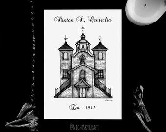 Paxton St Centralia, Real Silent Hill Church, B&W, Pencil Sketch Print, Haunted Church,Fine Art Print, A5, Home Decor, Architecture Sketch