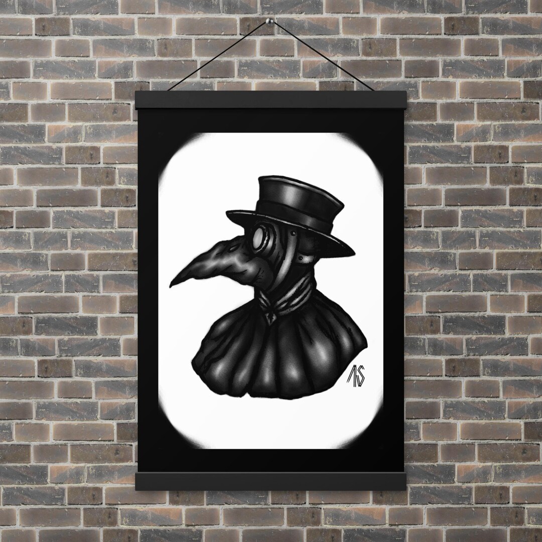Plague doctor with wooden hanging frame death art print victorian