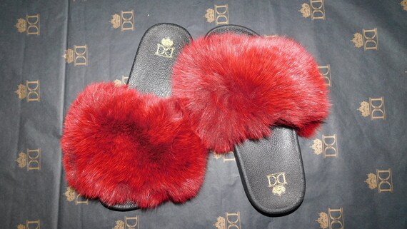 burgundy fur slides