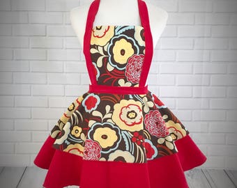 Vintage Retro pinup style apron / 70's inspired red and brown floral print cotton and red corduroy / great gift for hostess or bride or ju