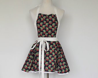 Retro apron for women with Cherry print on navy background / Great gift for Mothers day, birthday, bridal shower or hostess gift