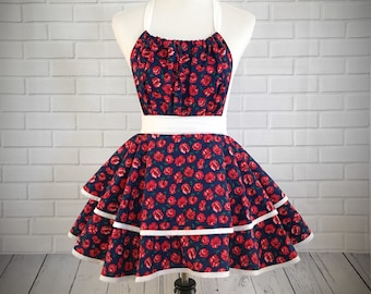 poppy print retro style pinup apron / gift for her / Poppies on Navy with white trim