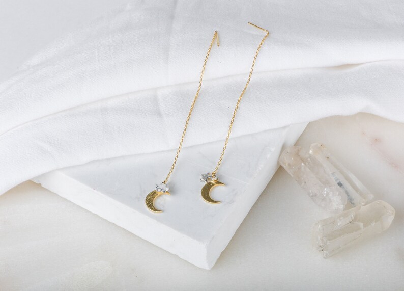 Luna Threader Earrings Crescent Moon Threader Earrings Etsy
