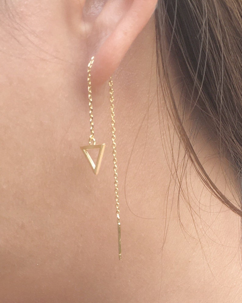 Dainty threader earrings triangle threader earrings gold Etsy