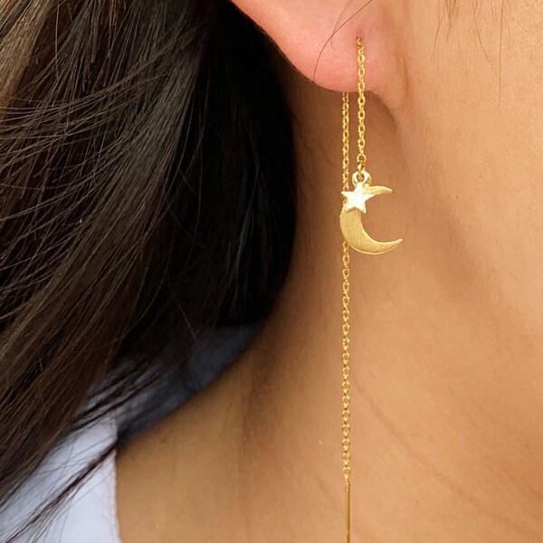 Luna threader earrings | crescent moon threader earrings | star treader earrings