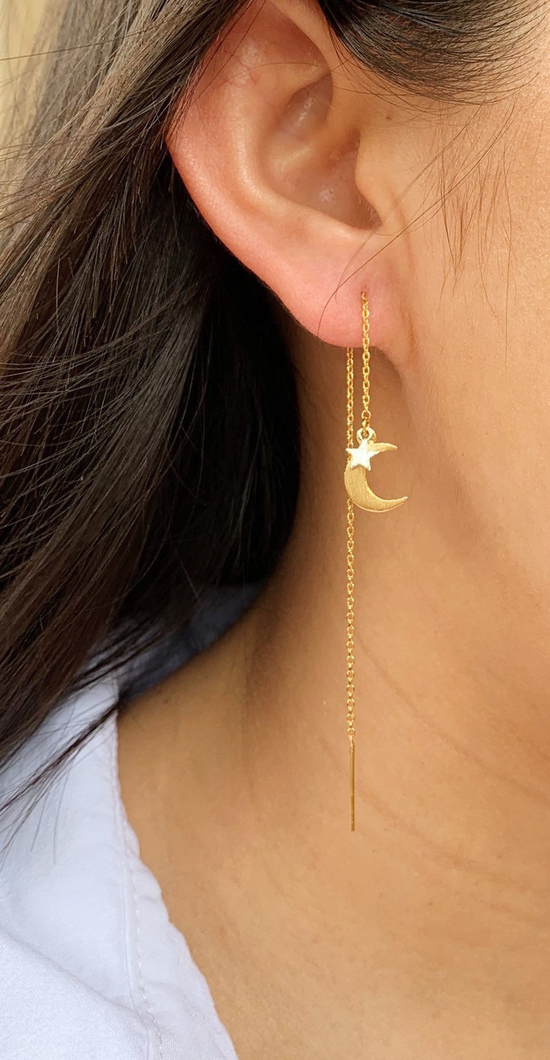 Luna Threader Earrings Crescent Moon Threader Earrings Etsy