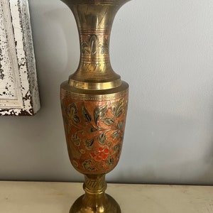 Vintage metal penco industries made in India etched vase floral boho decor