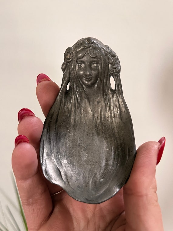 Antique vintage pewter art nouveau woman ring dish