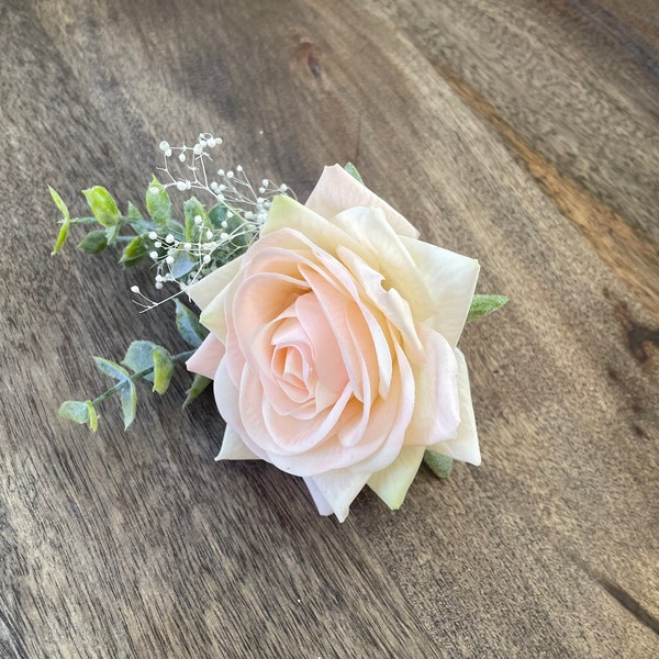 Classic Light Blush Rose Boutineer, (Boutonnieres) with eucalyptus and dried Babies Breath. Simple, beautiful.