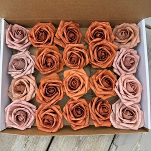 Elegant Rust and taupe high quality foam flowers in bulk, design your own bouquet, wedding decor, or home decor for fall.