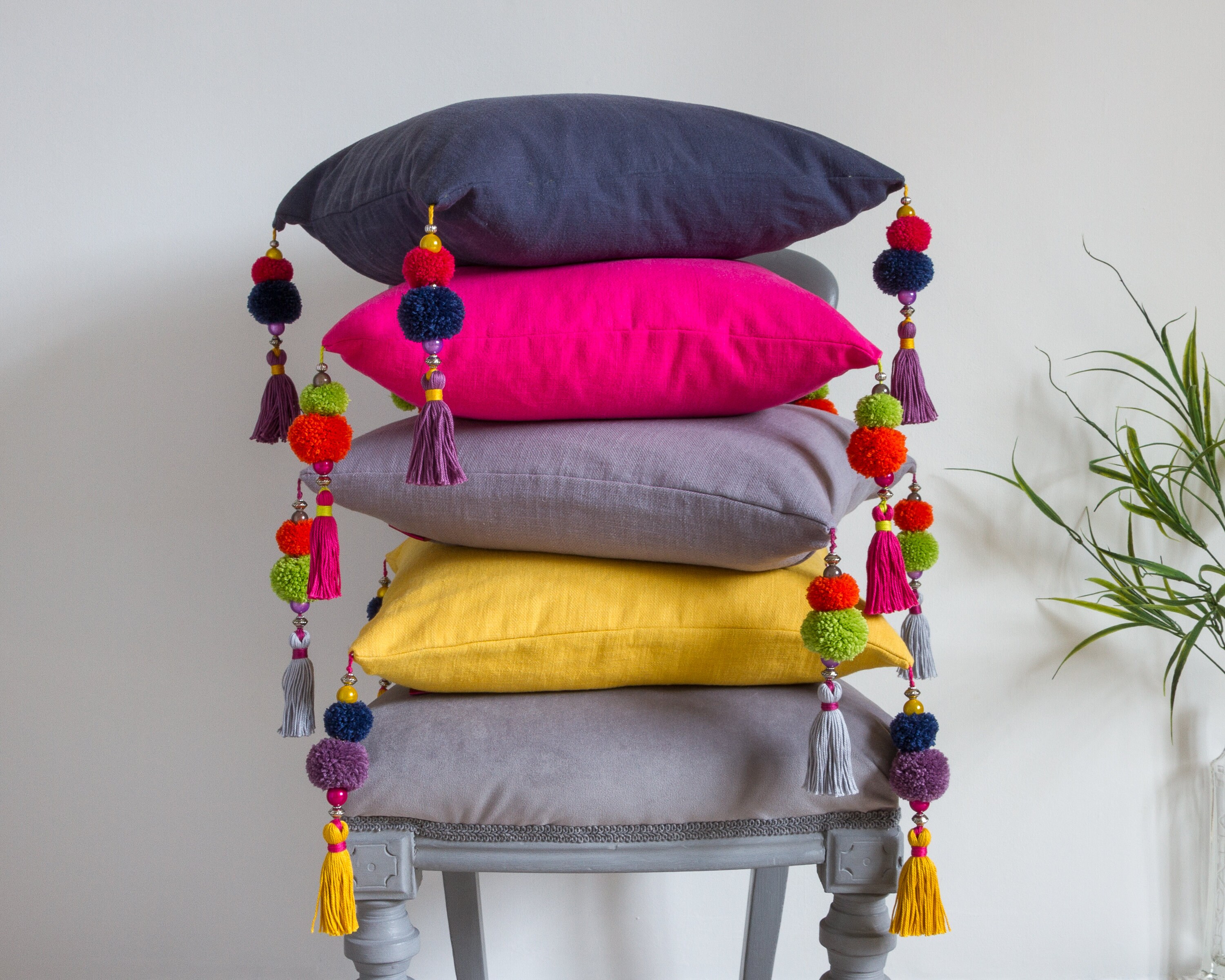 Bright Pink Cerise Square Linen Pillow Cover with Pom Pom Etsy