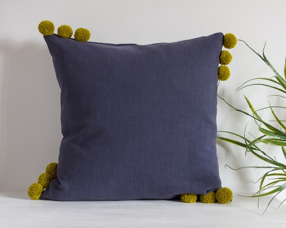 Navy Blue Linen Cushion Cover with Pom Navy Blue Pillow Cover with Pom Poms