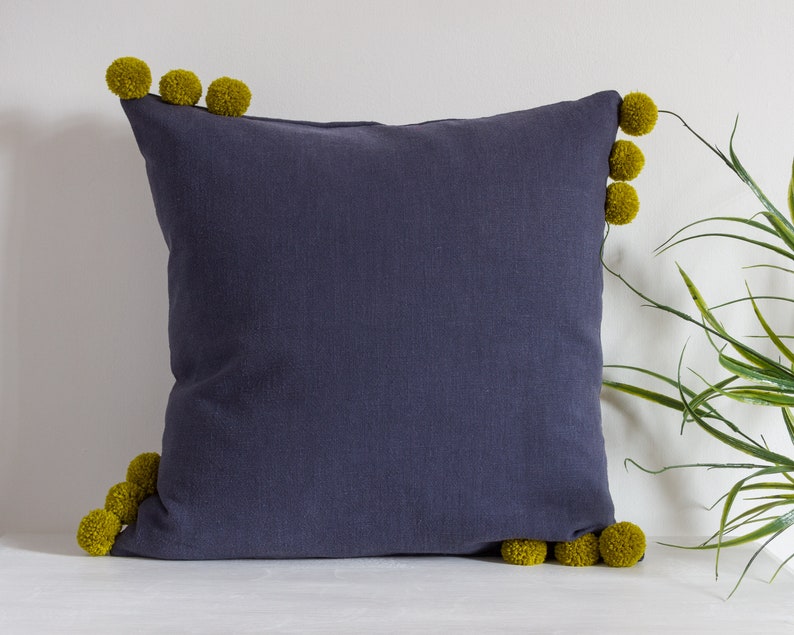 Dark Blue Linen Cushion Cover with Pom Poms Navy Blue Linen Etsy