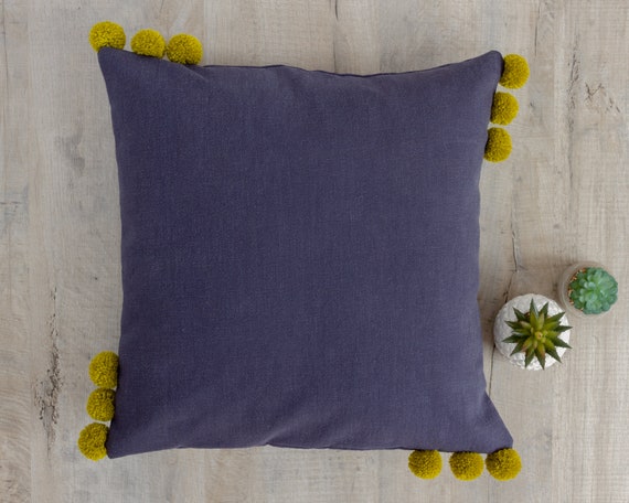 Dark Blue Linen Cushion Cover with Pom Navy Blue Pillow Cover with Pom Poms