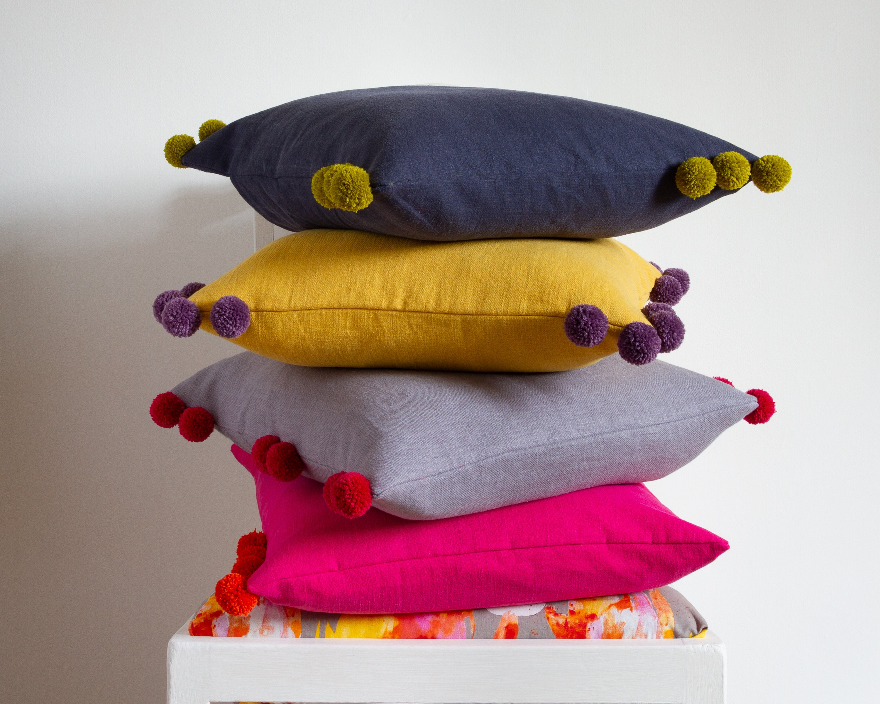 Bright Pink Linen Cushion Cover With Pom Poms Bright Cerise Etsy