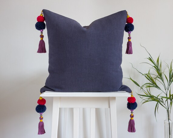 Dark Blue Square Linen Pillow Cover Navy Blue Pillow Cover with Pom Poms