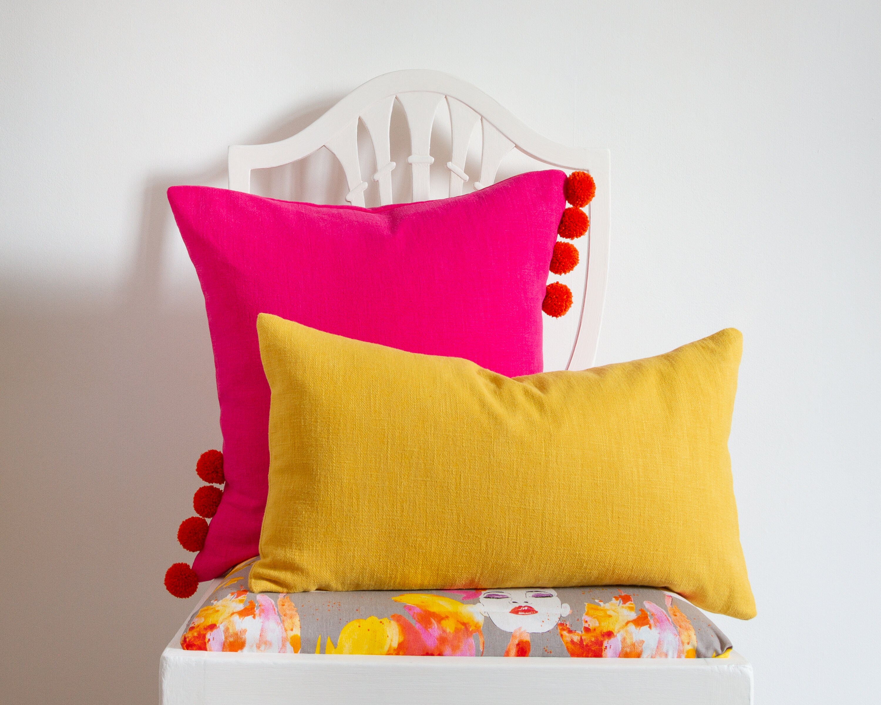 Bright Pink Linen Cushion Cover With Pom Poms Bright Cerise Etsy