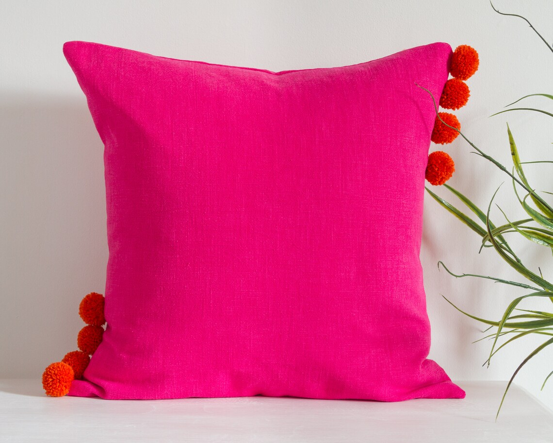 Bold Coloured Square Linen Cushion Cover With Pom Poms Bright Etsy