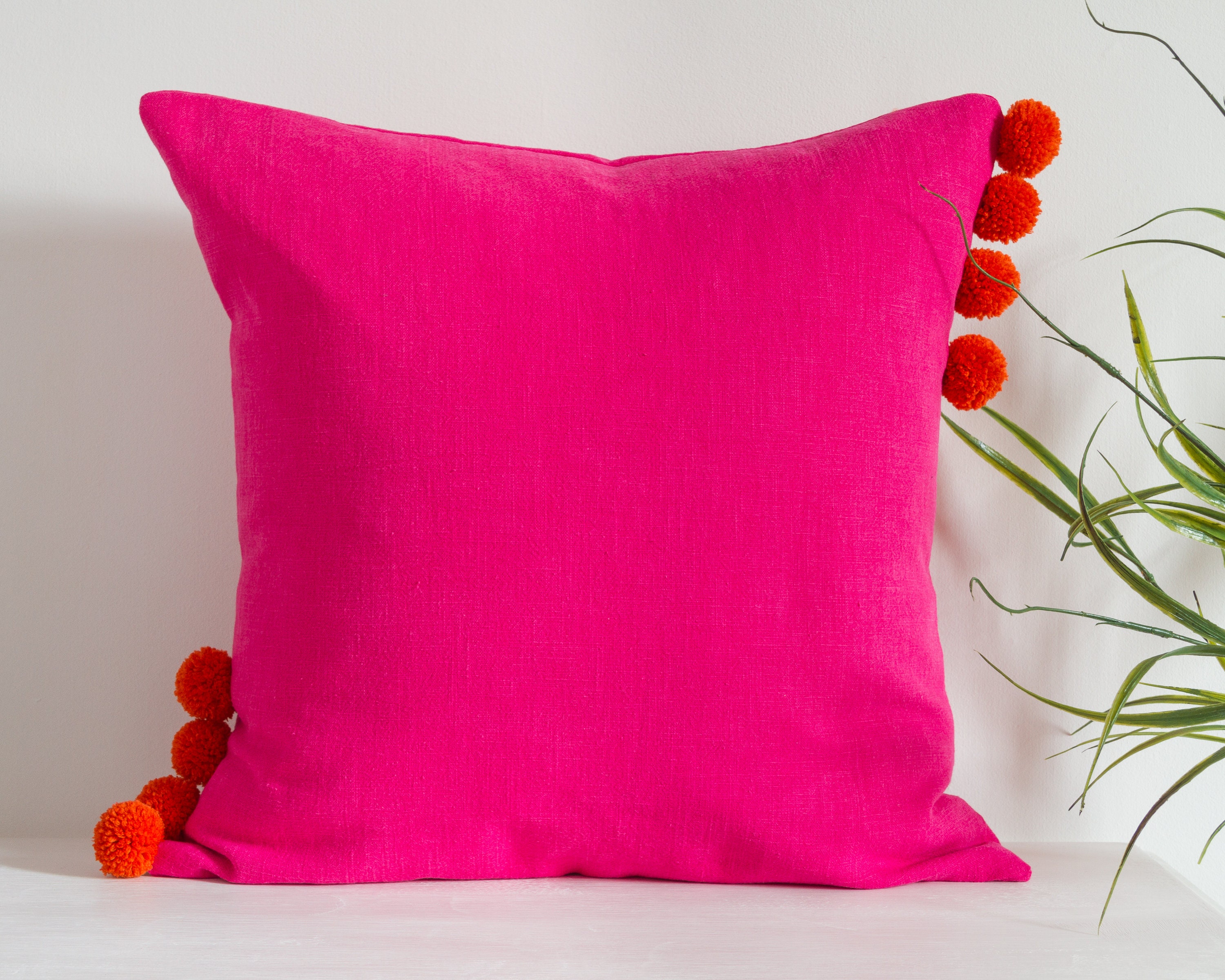 Bright Pink Linen Cushion Cover With Pom Poms Bright Cerise Etsy