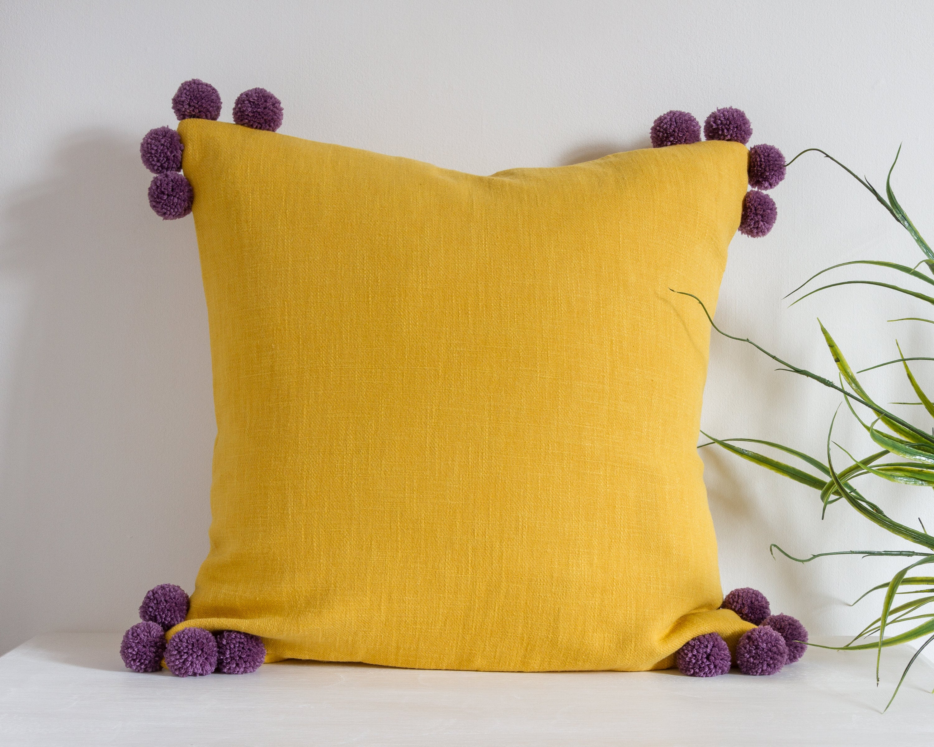 Mustard Linen Cushion Cover With Pom Poms Mustard Linen Throw Etsy UK