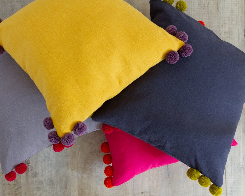 Mustard Linen Cushion Cover With Pom Poms Mustard Linen Throw Etsy