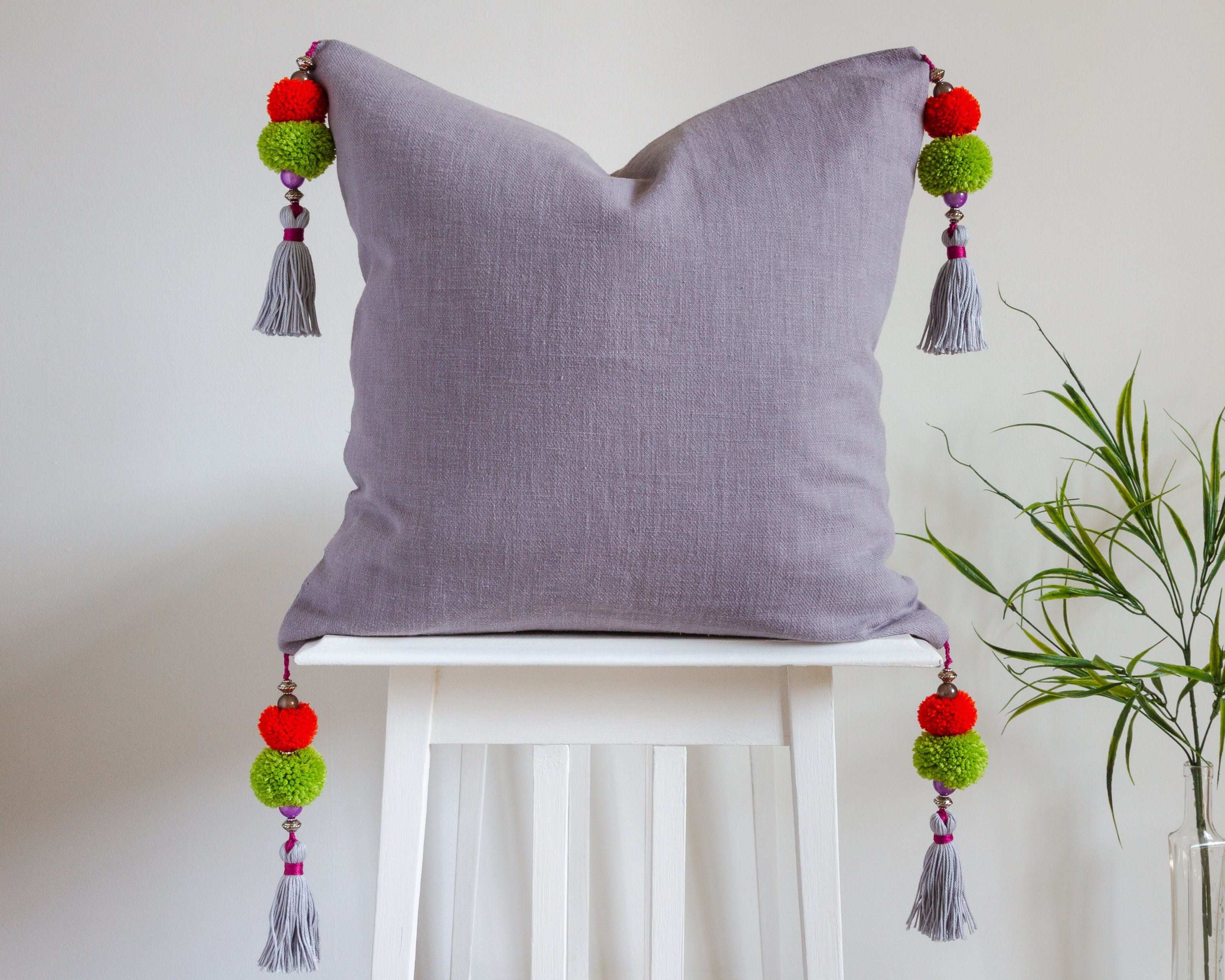 Bright Pink Cerise Square Linen Pillow Cover with Pom Pom Etsy