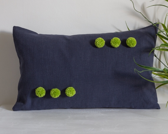 Navy Blue Rectangular Linen Cushion Navy Blue Pillow Cover with Pom Poms