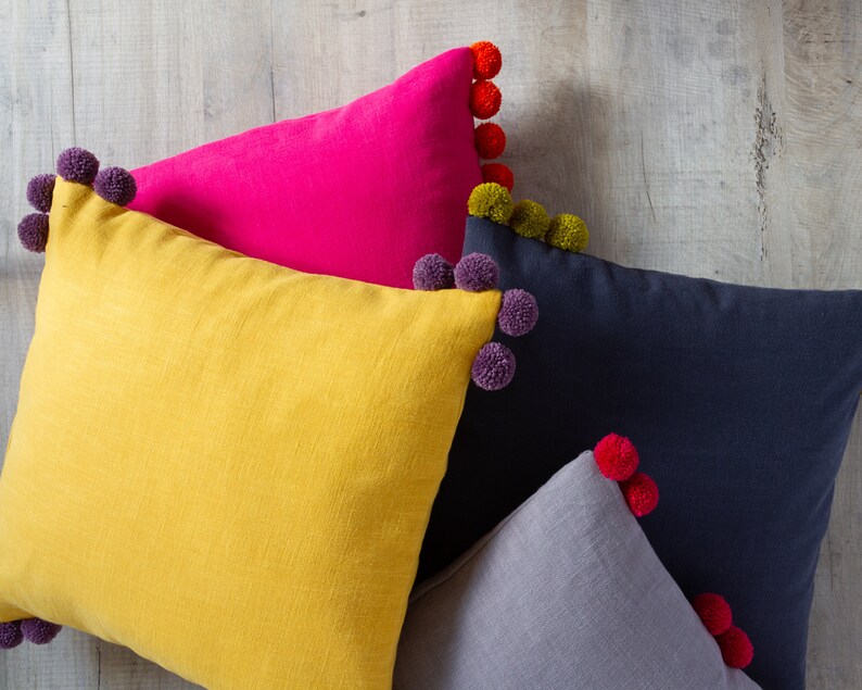 Dark Blue Linen Cushion Cover with Pom Poms Navy Blue Linen Etsy