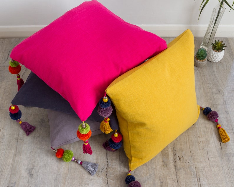 Bright Pink Cerise Square Linen Pillow Cover with Pom Pom Etsy