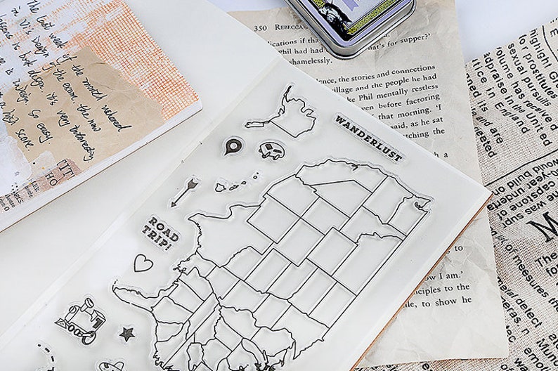 Clear Silicone Stamp Map of USA Travelers Notebook stamp set,Travel Journal United States America Clear Stamp Travel Wanderlust stamp set