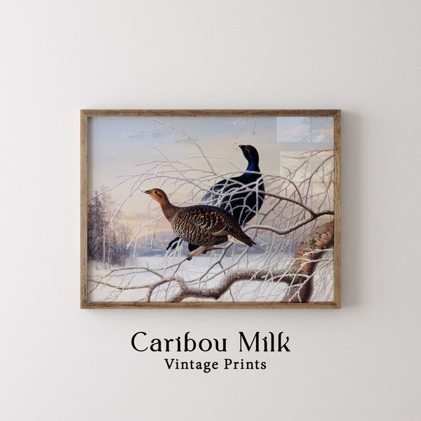 Grouse pair in a snowy winter landscape vintage print DOWNLOAD, Antique bird painting printable, Nordic Scandinavian nature  landscape art