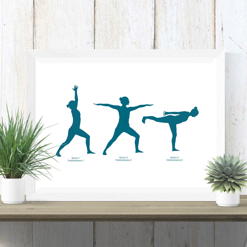 Yoga Warrior Pose Print in Teal Virabhadrasana 1, 2 & 3 Yoga Pose Print -  Etsy