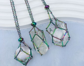 Iridescence Color Stainless Steel Necklace Empty Stone Holder, Necklace for crystal , Quartz Raw Stone, Pendant adjustable cage cord
