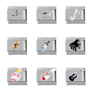May include: Nine silver charm bracelet links with different designs. The charms include a rose, a trumpet, a musical note, a guitar, a piano, a pink and white guitar, a red guitar, and a black guitar.