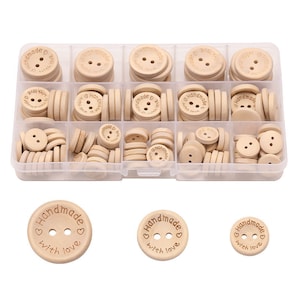 Pack of 140 15mm 20mm 25mm  Handmade with Love buttons, wooden buttons, sewing buttons,