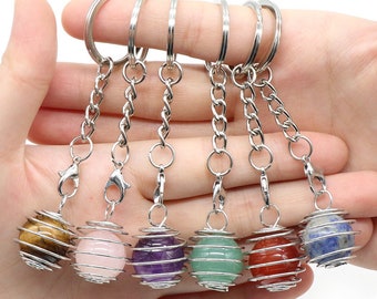 5pcs Nature Stone Pendant Keychain-Spiral Bead Cages Keychain-Key pendant / bag pendant...