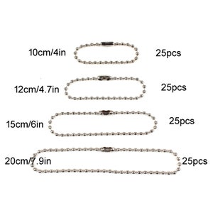 Puede incluir: Cuatro llaveros de cadena de bolas plateadas en diferentes longitudes: 10 cm, 12 cm, 15 cm y 20 cm. Cada llavero viene en un paquete de 25.