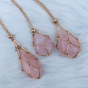 Rose Gold Color Stainless Steel Necklace Empty Stone Holder, Necklace for crystal , Quartz Raw Stone, Pendant adjustable cage cord
