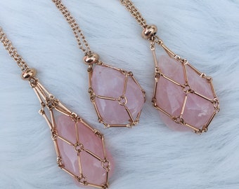 Rose Gold Farbe Edelstahl Halskette Leere Stein Halter, Halskette für Kristall, Quarz Rohstein, Anhänger verstellbare Käfigschnur