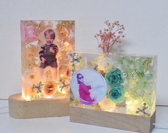 Cadre photo cuboïde Moule en silicone et LED Base en bois - Pour la lumière de nuit Résine Art Photo Affichage Cristal Bijoux Affichage Enfants Party Cadeau