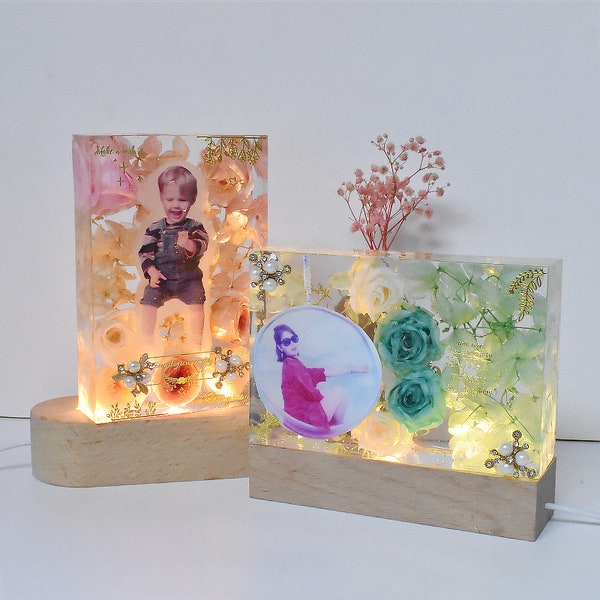 Cuboid Photo Frame Silicone Mold and LED Wood Base-For Night Light Resin Art Photo Display Crystal Jewelry Display Kids Party Gifting