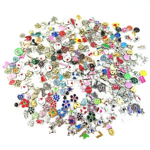 Può includere: Una grande collezione di ciondoli colorati per la creazione di gioielli. I ciondoli sono in metallo e presentano vari disegni, tra cui cuori, fiori, animali e parole.