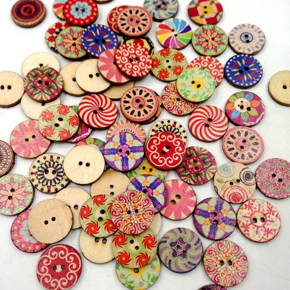  Buttons for Crafts 100pcs, 25mm Mixed Wooden Cartoon