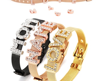 1 Set 8mm Silver / Black / Gold / Rose Color Stainless Steel Bracelets w/ LOVE/MOM/DAD... Words Slide Letters -Custom Order Bracelet Making