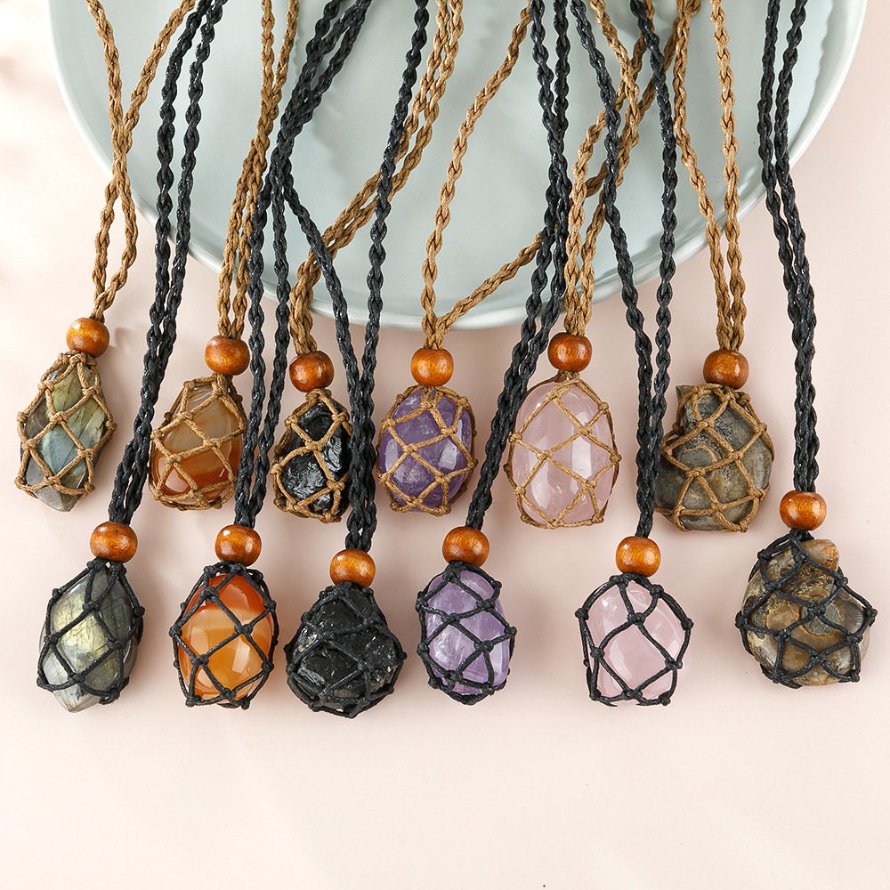 Macrame Crystal Holder Necklace, Adjustable Empty Stone Basket Necklace(Not Include The Stone)